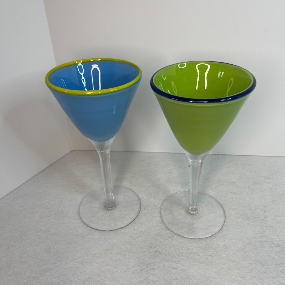 Margarita Martini Cocktail Blown Glass Base Rim Blue and Green Set of 2 - Picture 10 of 12